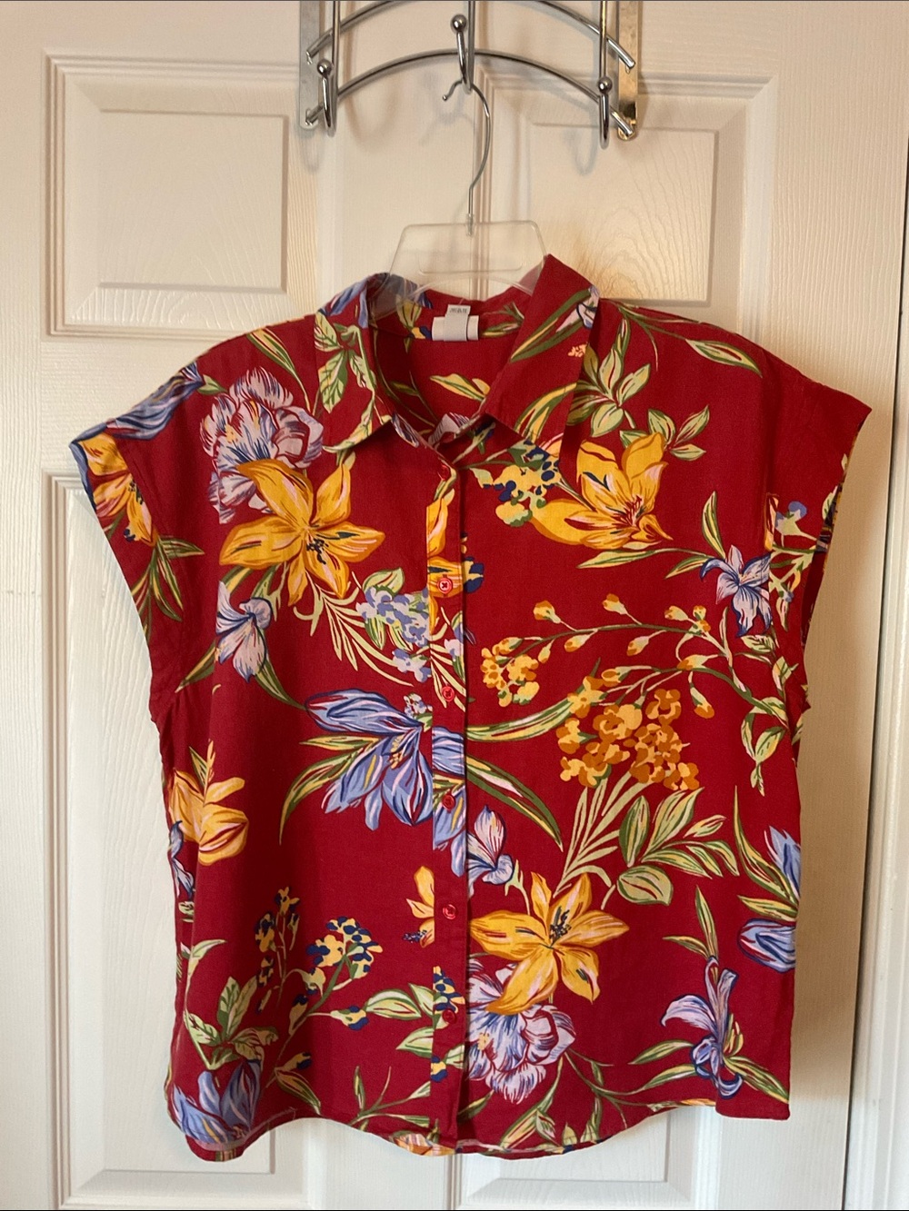A New Day Linen Blend Button Up Tropical Floral Artwork Blouse Size Large Artsy